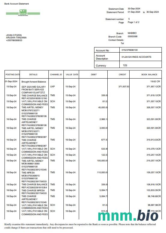 Tanzania CRDB wyciąg z konta bankowego Word i szablon PDF, Wersja 2